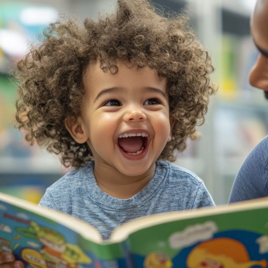 Happy child reading book with father